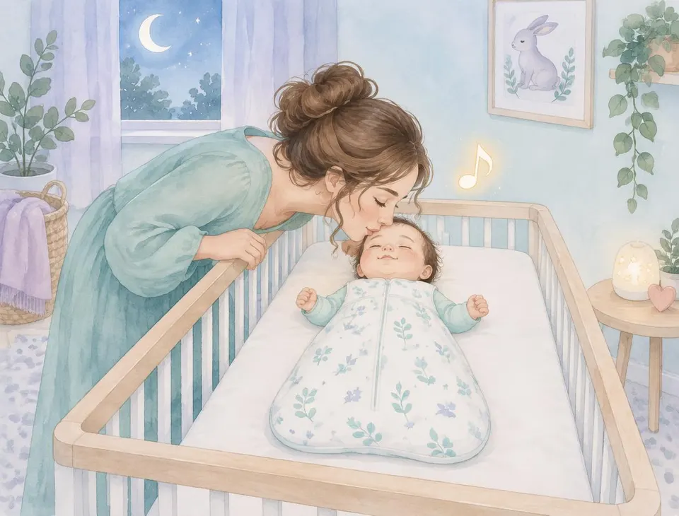 Mamá dando un beso de buenas noches a su bebé, que duerme boca arriba y con saco de dormir en una cuna segura